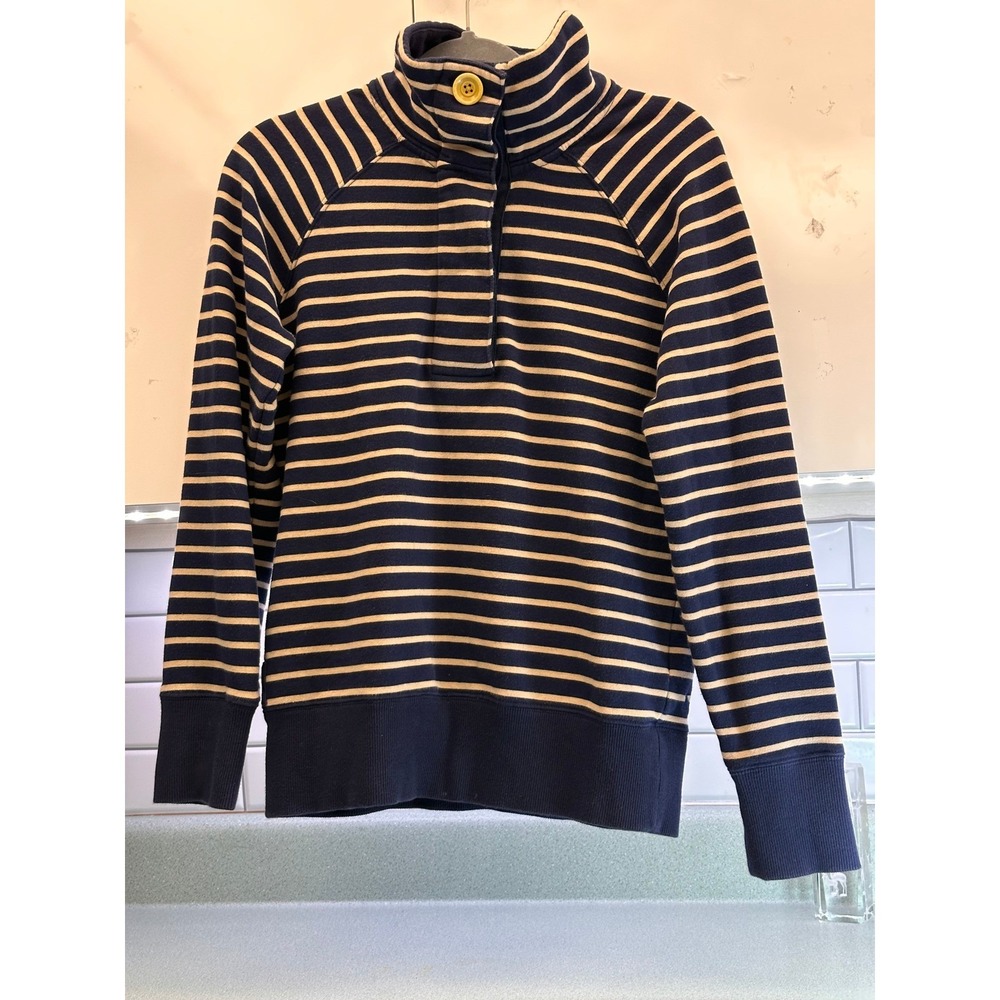 Joules Cowdray Funnel Neck Striped Sweatshirt Navy Tan Multi Button Size US 6